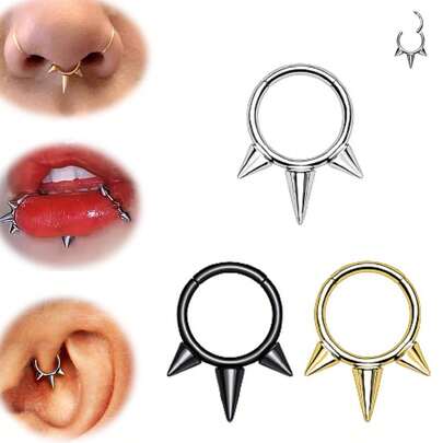 1PC Nose Ring Hoop Punk Stainless Steel Hypoallergenic 16G 18K Gold Plated Hinged Septum Spiked Nose Lip Puncture, Cartilage Hoop,Helix Tragus Ear Lobe Earring,Unisex ,Black 8mm 10mm Women And Men Body Pierecing Jewelry