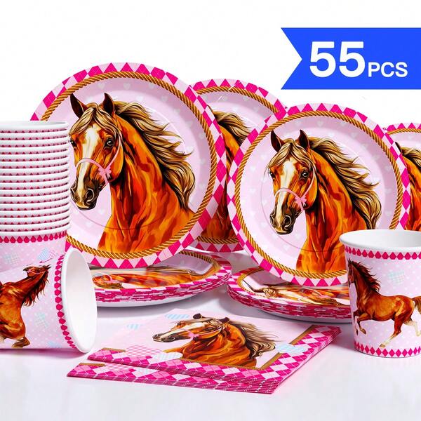 Heart & Horse Design Disposable Plates, Napkins, Cups Party Set, Suitable For 10 Guests, Disposable Paper Plates Party Supplies For Birthday, Wedding, Picnic