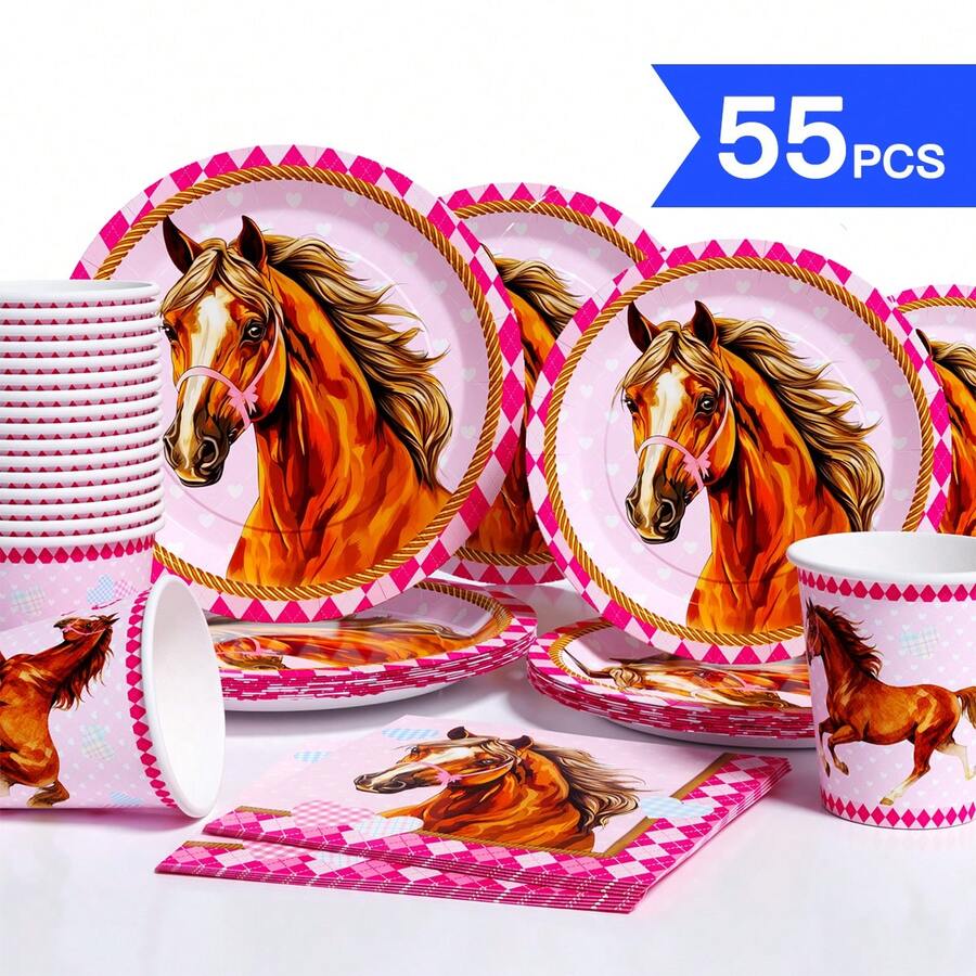 Juego desechable de platos, servilletas y vasos con diseño de corazón y caballo, adecuado para 10 invitados, platos de papel desechables para fiestas, bodas, picnics - Estilo 1 - Ver 1