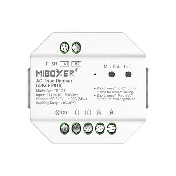 MiBoxer TRI-C1 Triac Dimmer LED – Regulador RF 2.4G e Botão de Pressão – Controle Inteligente para Lâmpadas LED e Halógenas