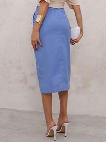 Saia Midi Feminina De Linho Com Fenda Estilosa E Cintura Flexível  e Elegante - Azul serenity - Visão 3