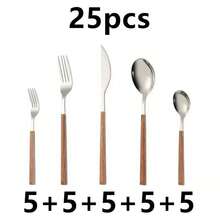 24/30pcs Stainless Steel Cutlery Set, Faux Wooden Handle Knife Fork Spoon Tableware Set - View 17