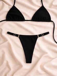Women's String Bikini With Adjustable Straps – Exclusive Summer Tie-Up Style For Beach And Vacation - Black - View 1