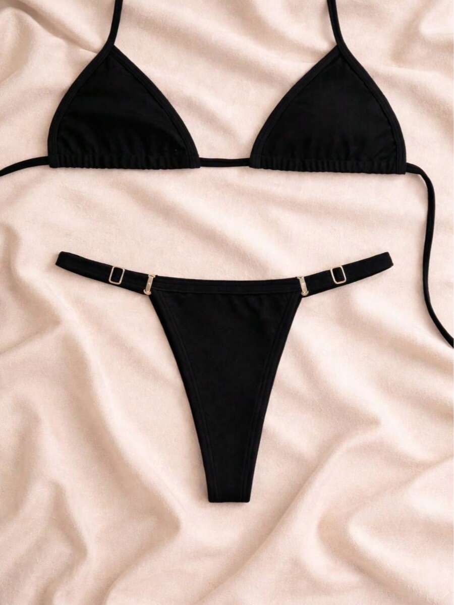 Women's String Bikini With Adjustable Straps – Exclusive Summer Tie-Up Style For Beach And Vacation - Black - View 1
