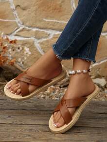 新款交叉绑带平底凉鞋，时尚优雅，适合海滩和日常穿着，百搭女士凉鞋 - 摩卡棕 - 查看 7