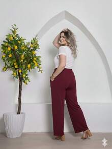 Duna Plus Size Wide-Leg Pants - 酒紅色 - 查看 3