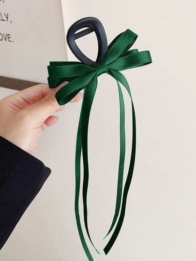 1pc Women's Solid Color Double Bow Ribbon Hair Claw Clip, Suitable For Daily Use