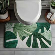 A Set Of Bathroom Short Plush Mats Featuring A Tropical Green Leaf Pattern, Including A Toilet Seat Cover, A U-Shaped Toilet Mat, Made Of Soft Flannel Material, Designed To Be Non-Slip - Nhiều màu - Xem 7
