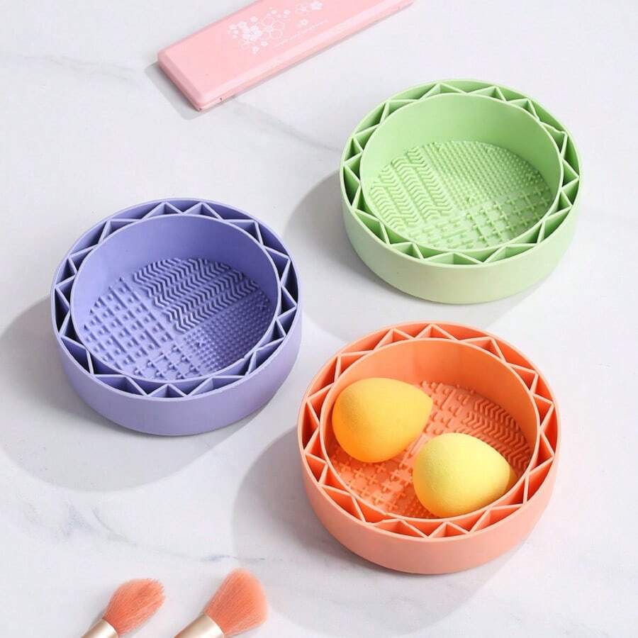 Green Silicone Makeup Brush Cleaning Sponge With Drainage Tray, Makeup Brush Cleaner, Dishware Cleaning Sponge - Solid Color - View 1