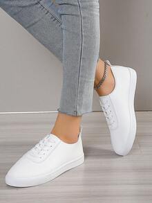 女士白色英式花卉图案系带运动鞋，圆头低帮平底滑板鞋，时尚透气防滑小白鞋，适合学生穿着 - 白色 - 查看 3