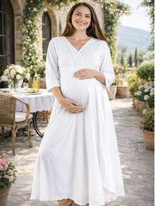 Vestido maternidad largo elegante para dama mujer ropa embarazo ropa para embarazada juvenil moderna suave evento baby shower de noche embarazada cruzado manga media cuello v cruzado corte amplio fresco ligero diario cena cita sesion de fotos calle femenino bohemio elegante outfit primavera verano otoño invierno posparto - Blanco - Ver 1