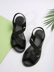 欧美风夏季休闲舒适女士平底凉鞋，圆头低跟沙滩鞋 - 黑色 - 查看 5