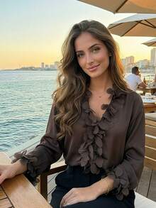 2026春夏新款优雅花卉V领法式开衫衬衫，宽松飘逸长袖女式衬衫 - 咖啡棕 - 查看 6