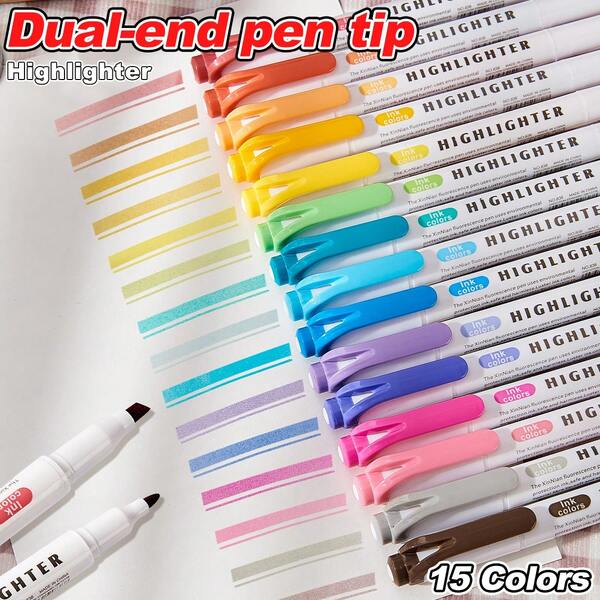 15 PCS/Set Of Double-Ended Highlighter, Cute Colors, School Supplies, Office Supplies, Accent Markers, Bible, DIY Drawing Markers, Markers