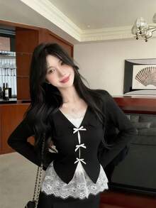 女士蕾丝拼接蝴蝶结修身长袖衬衫，春夏款，黑色 - 黑色 - 查看 5