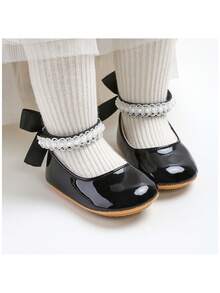 Newborn Infant Girls' Mary Jane Flats With Bow, Non-Slip Soft Bottom PU Leather Infant Prewalker Shoes With Pearl Ribbon - Black - View 3