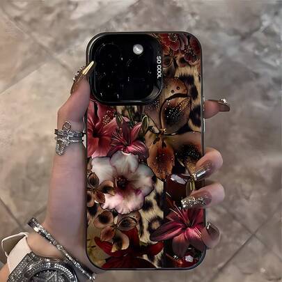 1pc Black Floral Fashion Phone Case Matte Laser Energetic Shell, Personalized American Style Leopard Print Base With Vibrant Floral Collage Pattern Phone Case, Compatible With Iphone 16 Pro Max, 17/16/15/14 Plus, 13/12/11, Air, And Series, International Version, Not The Domestic Version, Birthday Gift