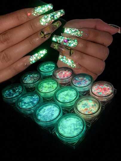 Brodark 6/12pcs DIY Nail Art Glow-In-The-Dark Sequins, Assorted Colors Including Pink, Green, Yellow, Blue, Red, Trending Glitter Sequin Mix Set, Suitable For Birthday Party, Holiday