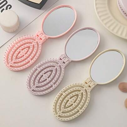 مشط قابل للطي مع مرآة، فرشاة مكياج محمولة للنساء، بألوان الماكرون، مناسبة للتصفيف وإعادة اللمسات أثناء التنقل