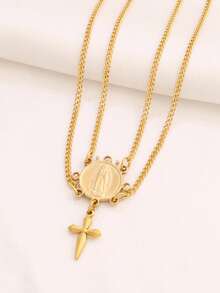 1pc Stainless Steel Virgin Mary Pendant Necklace Fashion Design Gold Cross Charms Double Layer Chain Necklaces For Women Jewelry - Necklace - View 6