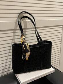 1 pieza Bolso de hombro de mujer de unicolor con estampado de leopardo, versátil y portátil de gran capacidad y lujo, adecuado para citas, compras, regalos, trabajo, viajes, incluye una bufanda delicada - Negro - Ver 8
