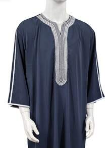 Men's Embroidered Robe For Eid, Moroccan Thobe, Solid Color Thawb, Men's Pullover Gandoura, Traditional Arabic Men's Gandoura Thobe Robe - Navy Blue - View 4