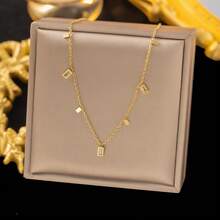 1pc Elegant Minimalist Gold-Tone Square Stainless Steel Necklace, Versatile Choker Necklace For Women, Suitable For Daily Wear, Valentine's Day Gift - Gold - View 1