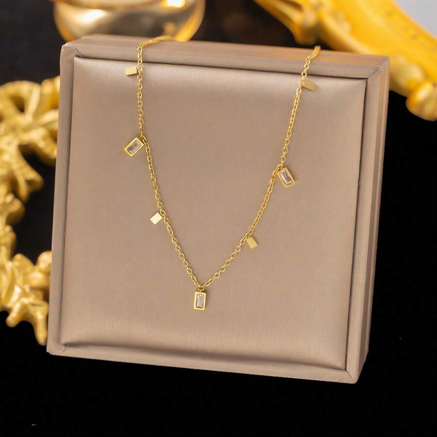 1pc Elegant Minimalist Gold-Tone Square Stainless Steel Necklace, Versatile Choker Necklace For Women, Suitable For Daily Wear, Valentine's Day Gift - Gold - View 1