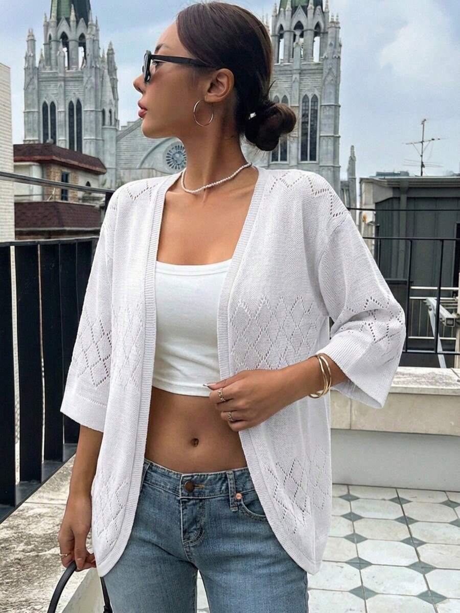 Cárdigan de punto de crochet de verano, calado, sin mangas, para playa, para mujer, color liso, transparente, para vacaciones en resorts - Blanco - Ver 1