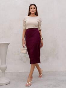 Linen Midi Skirt With Stylish Slit And Flexible Waistband - 如圖 - 查看 3
