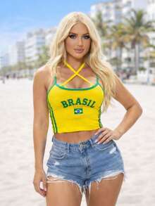 Cropped Virginia Top, Strappy, Brazil Style, Ribbed, Copa 2026 - Amarillo - Ver 1