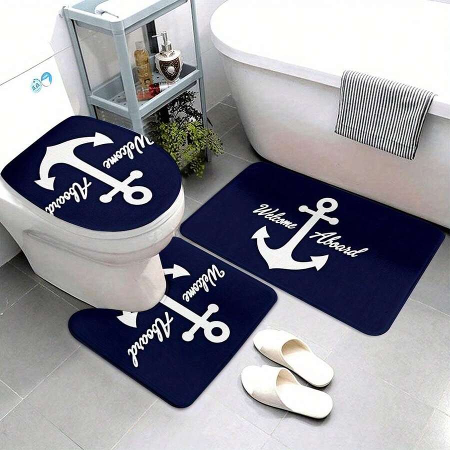 3pcs Nautical Series! High-End Art Anchor Bath Mat, Bath Rug Sets, All-Season Use, Bathroom Mat, U-Shaped Toilet Mat, Toilet Cover, Bathroom Decor, Christmas Halloween Thanksgiving Holiday Gift - 彩色 - 查看 1