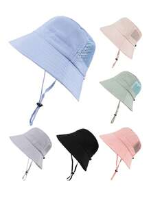 1顶儿童夏季透气网眼渔夫帽，大帽檐，适合男孩女孩户外活动/徒步/旅行/登山/海滩，头围可调节 - 彩色 - 查看 1