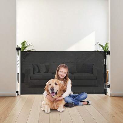 Retractable Baby Gate, Extends To 56.3 Inch Wide, 31.3 Inch Tall, With Security Lock, Easy To Use, Walk Through Without Tripping, Mesh Dog Gate For Stairs, Hallways, Indoor/Outdoor, Black