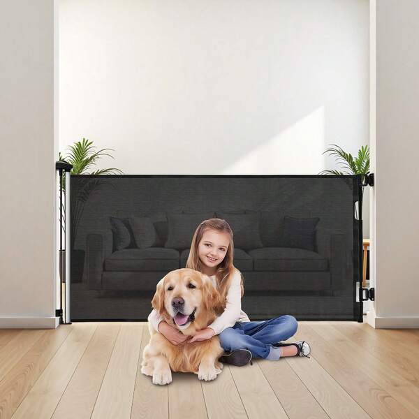 Retractable Baby Gate, Extends To 56.3 Inch Wide, 31.3 Inch Tall, With Security Lock, Easy To Use, Walk Through Without Tripping, Mesh Dog Gate For Stairs, Hallways, Indoor/Outdoor, Black