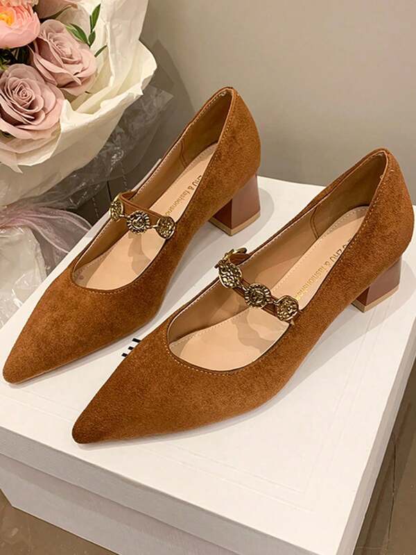 French Retro Black Versatile Mary Jane Shoes For Women, Chunky Heel Slip-On Comfortable Casual Pumps, New Stylish Pointed Toe Buckle Strap Office Commute High Heels