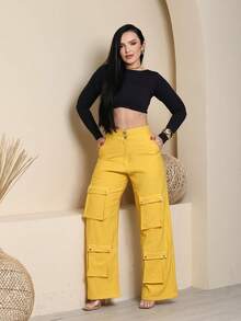 Women's Wide Leg Cargo Pants, High Waist, Tailored, Marrant Style, Palazzo Pants With 4 Utility Pockets, Premium Streetwear - 黃色 - 查看 1