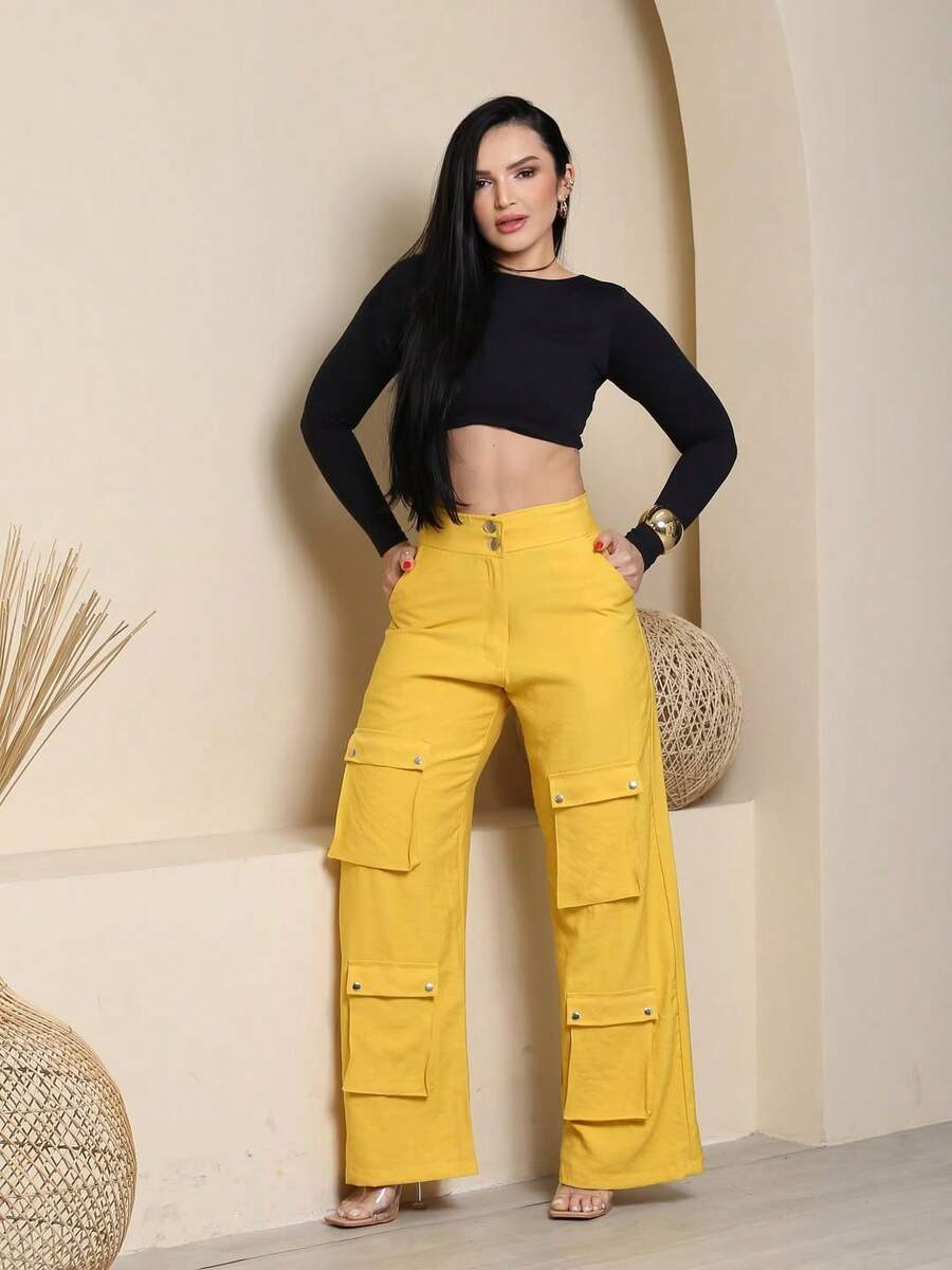 Women's Wide Leg Cargo Pants, High Waist, Tailored, Marrant Style, Palazzo Pants With 4 Utility Pockets, Premium Streetwear - 黃色 - 查看 1