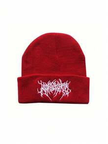 1pc Men's New Punk Style Acrylic Warm Embroidered Outdoor Beanie Cap, Autumn Winter Fall Outfit - Multicolor - View 15
