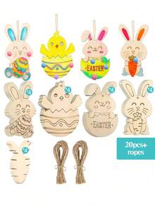 10/20件套混合木制兔子装饰品，包含木板、麻绳、100个绒球、2张彩色钻石贴纸、12支彩色笔，可用于DIY手工制作，适合所有季节，可用于生日、礼品标签、节日派对、复活节装饰等场合。 - 鏤空彩蛋 - 查看 12