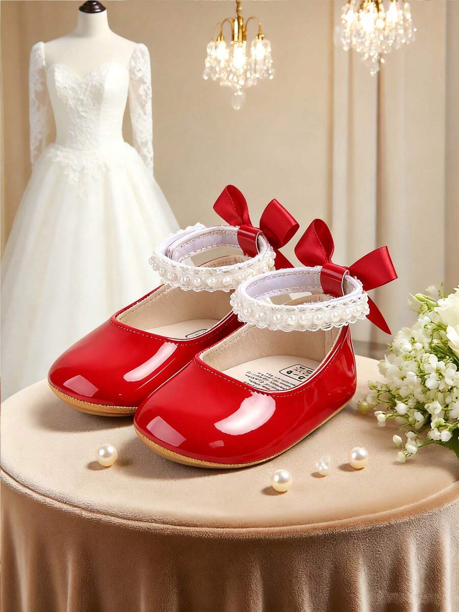 Newborn Baby Girls' Mary Jane Flats, Bow Decor, Non-Slip Soft Bottom PU Leather Infant Prewalker Shoes, Pearl Ribbon