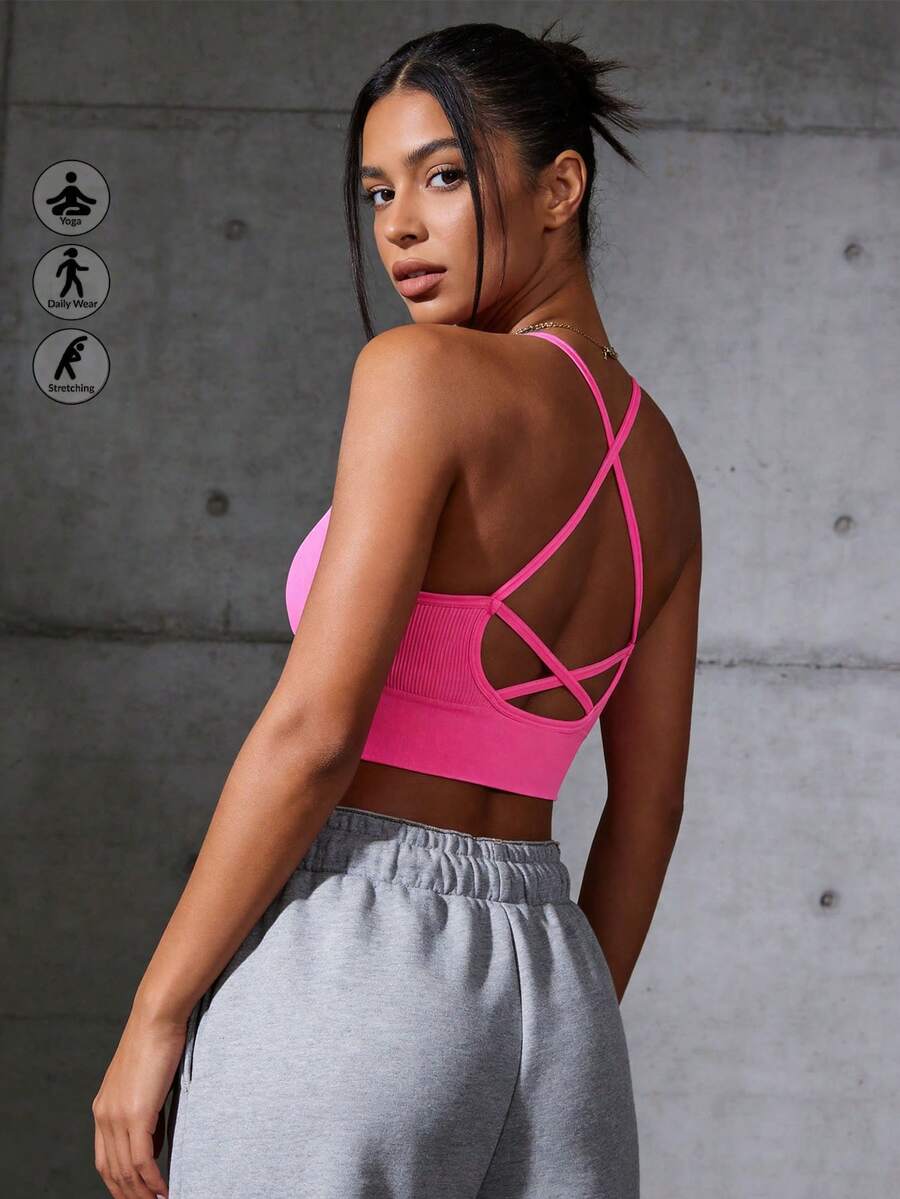 Runway Rest 1pc Backless Crisscross Strap High Elastic Wirefree Everyday Bra, Medium Impact Sports Seamless Racerback Yoga Bra, Breathable & Comfortable