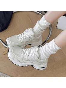 New Style Women's Casual Sports Shoes, Platform Sports Shoes, White Lace-Up Round-Toe Blended Material, Breathable, Versatile, Printed Graffiti, College Style, Suitable For Students, Outdoor Hiking, Casual Wear And Commuting. - 米色 - 查看 4