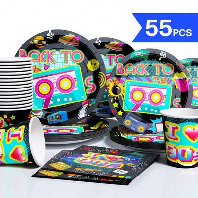 90s Theme Disposable Plates, Napkins, Cups - One-Time Party Supplies Set, Suitable For 10 Guests, Disposable Paper Plates Party Tableware For Birthday, Wedding, Theme Party, Family Picnic