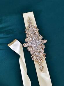1 Stück goldener Braut-Schärpe, handgefertigter Kleidergürtel, vielseitiger Hochzeitskleid-Gürtel, geeignet für Hochzeit, Ehe, Abschlussball, Bankett - Gold + Elfenbeinband - Übersicht 5