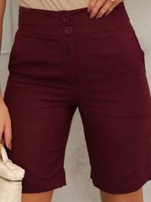 Linen Bermuda Shorts With A Modern Design, Featuring Pockets And Covered Buttons. - Quả sung - Xem 5