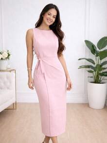 Women's Tailored Midi Dress With Waist Belt – Elegant For Parties, Weddings, And Social Events - Màu Hồng baby - Xem 2