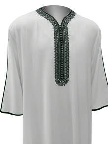 Men's Embroidered Robe Thobe, Men's Solid Color Pullover Gandoura Thawb, Traditional Arabic Men Gandoura Thobe Robe With Pockets - White - View 5