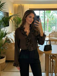 2026春夏新款优雅花卉V领法式开衫衬衫，宽松飘逸长袖女式衬衫 - 咖啡棕 - 查看 4