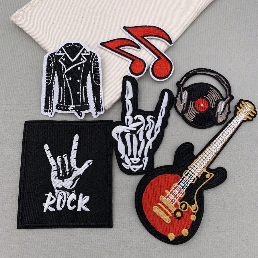 6片朋克摇滚刺绣熨烫贴片，复古音乐主题元素，适用于服装、帽子、鞋子、行李箱、T恤、夹克等，包含摇滚手势、吉他、夹克、音乐符号等图案。 - C - 查看 1